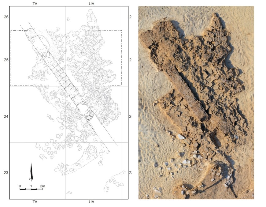 Schnittbilder des monumentalen Steinbaus von Ashdod-Yam (ca. 2. Jh. v. Chr.), die einen Steinräubergraben und die Reste massiver Säulen zeigen (Fantalkin et al. 2024, Abb. 16)